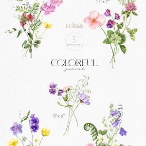 May include: Five watercolor floral bouquets with different arrangements of pink, purple, yellow, and white flowers. The bouquets are labeled with their dimensions in inches. The text "REACHDREAMS" and "COLORFUL summer" are also included in the image.