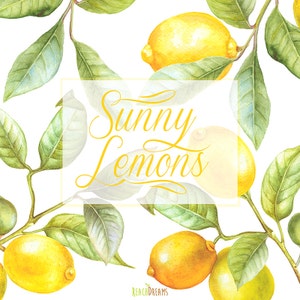 May include: Watercolor illustration of a lemon tree branch with green leaves and yellow lemons. The text "Sunny Lemons" is written in a yellow cursive font on a white background.