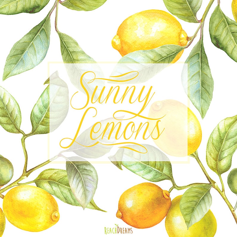 May include: Watercolor illustration of a lemon tree branch with green leaves and yellow lemons. The text "Sunny Lemons" is written in a yellow cursive font on a white background.