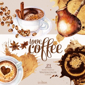 Watercolor coffee clipart, coffee beans, cup of cappuccino, stains, cinnamon, star anise, coffee decor, coffee mug, crema, DIY elements