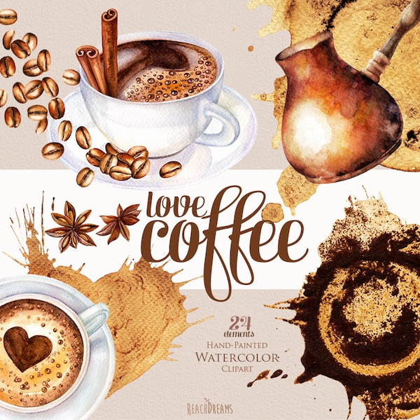 Watercolor coffee clipart, coffee beans, cup of cappuccino, stains, cinnamon, star anise, coffee decor, coffee mug, crema, DIY elements