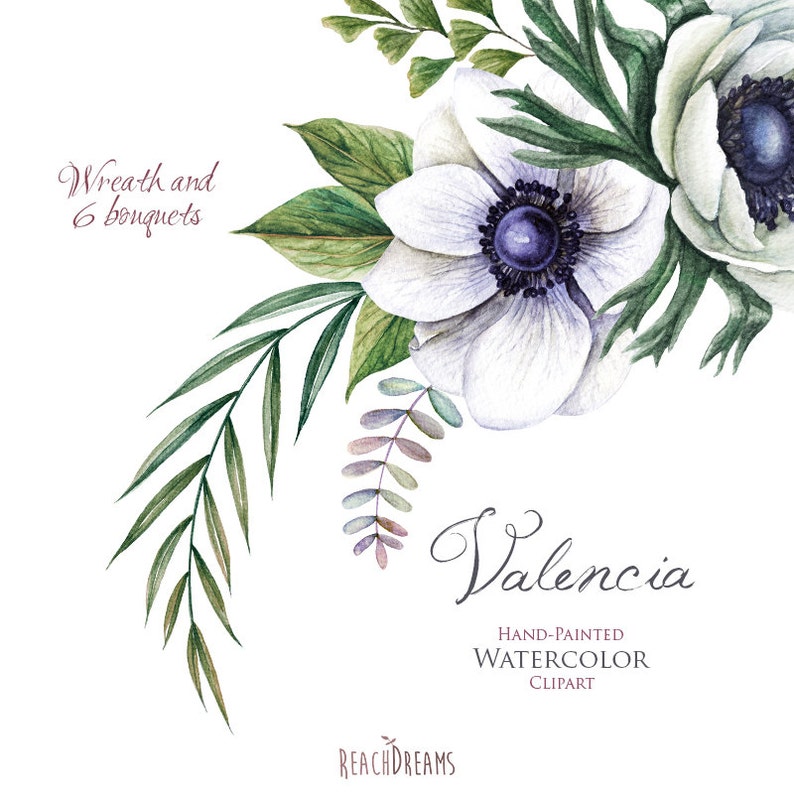 floral invitations Eucalyptus Wedding Watercolor Wreath /& Bouquets Anemone greeting card Helleborus Flowers Hand painted clipart