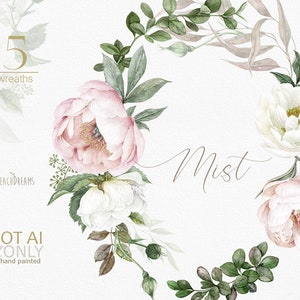 Clipart floreale bianco peonie Rose delicati fiori rosa chiaro ghirlande dell'acquerello verde Boho Boho inviti di nozze dipinti a mano