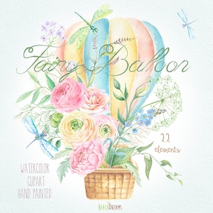Balão de fada em aquarela com flores e ervas, clipe pintado à mão, convite de casamento, cartão de felicitações, faça você mesmo, chá de bebê, ranúnculo, rosas