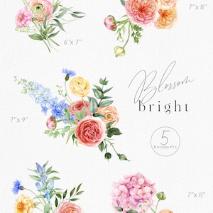 Op de afbeelding: Waterverf bloemboeketten in roze, geel en blauw, met groene bladeren. De afbeelding bevat de tekst "Blossom Bright" en "5 bouquets". De boeketten zijn 15,2 cm x 17,8 cm, 17,8 cm x 20,3 cm, 17,8 cm x 22,9 cm en 20,3 cm x 20,3 cm groot.