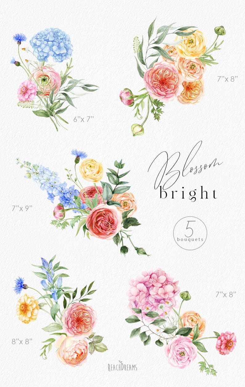 Op de afbeelding: Waterverf bloemboeketten in roze, geel en blauw, met groene bladeren. De afbeelding bevat de tekst "Blossom Bright" en "5 bouquets". De boeketten zijn 15,2 cm x 17,8 cm, 17,8 cm x 20,3 cm, 17,8 cm x 22,9 cm en 20,3 cm x 20,3 cm groot.