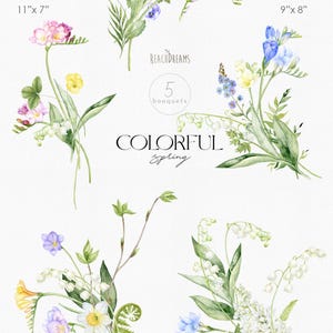 May include: Five watercolor illustrations of spring bouquets featuring various flowers, including lilies of the valley, freesia, and daisies. The bouquets are arranged in a circle with the text "REACHDREAMS" and "COLORFUL Spring" in the center. The bouquets are labeled with their dimensions in inches.
