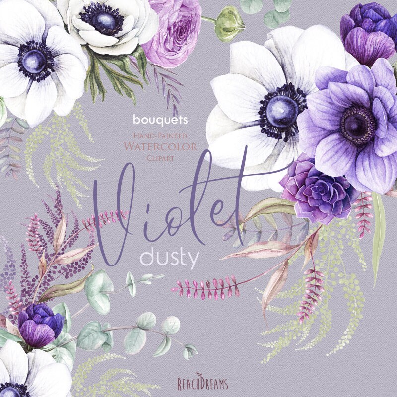 Wedding Watercolor Bouquets, Dasty, Violet, Anemone  Flowers, Eucalyptus, Ranunculus, Succulent, Hand painted clipart, floral invitations