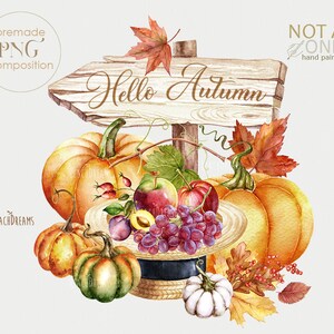 Aquarell Herbstdekoration, vorgefertigte PNG-Komposition, Herbstblätter, Kürbisse, Ernte, Traube, Äpfel, Hut, Holzbanner, gemütlich, Sublimation png