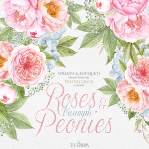 Grinalda e buquês de aquarela de casamento, peônias, flores de rosas inglesas, brunia, clipart pintado à mão, convites florais, cartão de felicitações, faça você mesmo