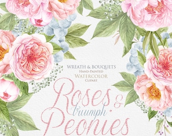 Wedding Watercolor Wreath & Bouquets, Peonies, English Roses Flowers, Brunia, Hand painted clipart, floral invitations, greeting card, DIY