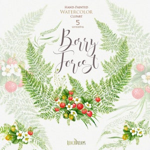 Strawberries watercolor, ferns leaves, red berries clipart, fruits, digital floral, botanical print, wreath, boho, rustic, suite, greeting