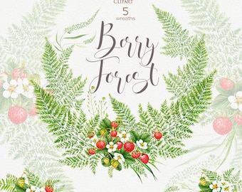 Strawberries watercolor, ferns leaves, red berries clipart, fruits, digital floral, botanical print, wreath, boho, rustic, suite, greeting