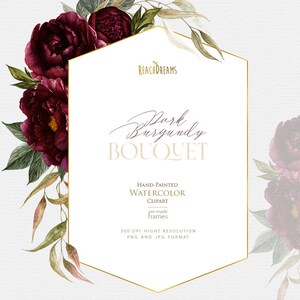 Clipart floral, Pivoines, Fleurs de Bourgogne foncé, Violet profond, Waterolor Clipart cadre préfa fait, Boho Boho, Invitations de mariage design png