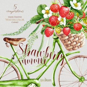 Strawberries watercolor, summer days, vintage bicycle, red berries clipart, fruits clip art, digital flowers, food decor, botanical print