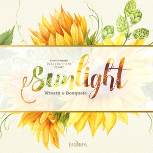 Sonnenblume Aquarell Kranz & Sträuße mit Hopfen. Boho Boho Blumen. Hand bemalt Hochzeit Clipart. Digitale DIY-Einladungen. Grußkarte
