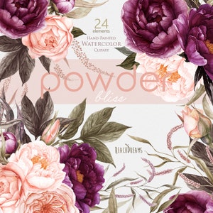 Pivoines Fleurs Aquarelle, Roses, Éléments floraux, Poudre, Prune, Violet, Mariée, Bourgogne, Boho clipart, Mariage peint à la main, Png numérique