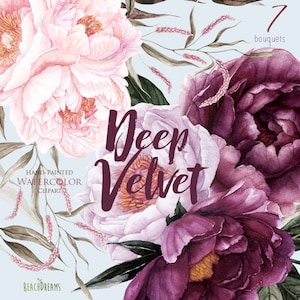 Fleurs de pivoins Aquarelle, Violet, Floral Rose, Bourgogne, Violet, Prune, Botanique, Bouquets Boho, Clipart de mariage peint à la main, png numérique