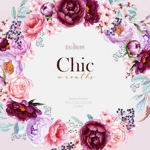 Couronnes d’aquarelle de pivoias de Bourgogne, éléments floraux, roses, chic de Boho, violet, bourgogne, rose, fichiers de PNG, art de clip d’invitations de mariage