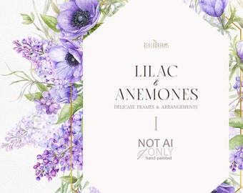Violet Floral Clipart Lilac Anemones Watercolor Purple Spring Flowers Frames Borders Clip art Premade Clipart Wedding Invitations png