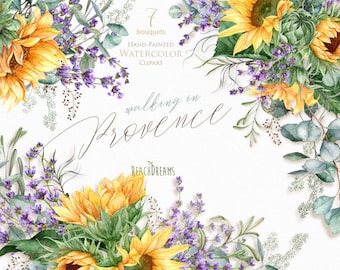 Sunflower, Lavender, Eucalyptus clipart, Watercolor clipart, Greenery, Rustic Wedding, Bouquets, Bohemian, Boho flowers, Invitations, png