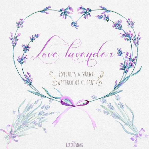 Lavender Watercolour Bouquets & Wreath Clipart. Hand painted watercolour, Floral, Wedding diy elements, Flowers, Invite, Purple, Provance