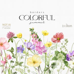Bordures florales aquarelles, fleurs sauvages PNG, fleurs printanières, fleurs sauvages d'été, fleurs des champs aquarelles, clipart de mariage coloré