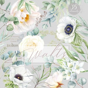 Blumencliparts, Eukalyptus, Pfingstrose, Anemone, weiße Blumen, Grün, Aquarellelemente, Boho Boho, handbemalt, Hochzeitseinladungen
