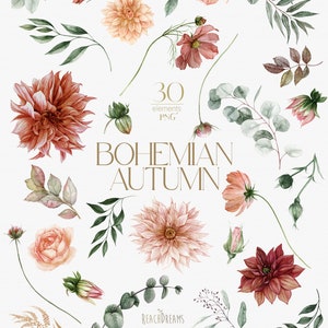 Peut inclure: Un ensemble de 30 illustrations aquarelle repr&eacute;sentant des &eacute;l&eacute;ments floraux d'automne boh&egrave;mes. L'ensemble comprend diverses fleurs, feuilles et branches dans des tons de rouge, rose, vert et or. Le texte "BOHEMIAN AUTUMN" est pr&eacute;sent&eacute; au centre de l'image.