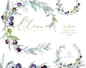 Watercolor olive clipart, green, greenery, foliage, leaf, olive wreath, olive branch, rustic invites, wedding Invitations, laurel, olive oil