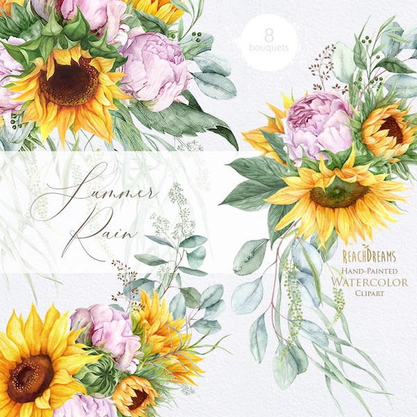 Sunflower clipart, Peonies clipart, Eucalyptus clipart, Greenery clipart, Watercolor Bouquets, Bohemian Boho Flowers, Wedding Invitations