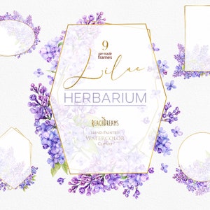 Flieder Aquarell Rahmen, Floral Clipart, Hochzeit, Einladung, Gruß, violette Blumen, Zitat, Frühling, BrautVorlage, Geometrie, vorgefertigt