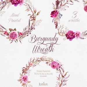 Aquarelle Couronnes de Bourgogne avec éléments floraux et plumes. Style Boho, cornes de cerf, fichiers PNG individuels. Invitations de mariage Clipart