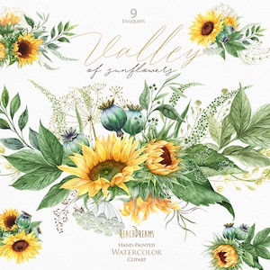 Sonnenblumen Clipart, Mohn-Kopf, Mohn Clipart, Boho, Boho Blumen, grün, gelb, Hochzeit, Aquarell Sträuße, Einladungen Png