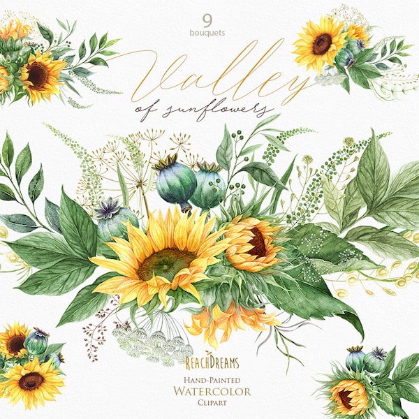 Sunflowers clipart, Poppy seed-head, Poppy clipart, Bohemian, Boho flowers, Greenery, Yellow, Wedding,  Watercolor bouquets, Invitations png