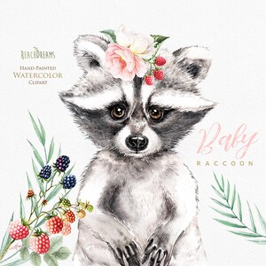Raton racé à l’aquarelle. Petits animaux clipart, portrait de bébés, forêt, forêt, fleurs, baies, enfants mignons, art de pépinière, ourson, douche de bébé