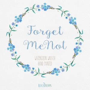 Couronne d’aquarelle avec des fleurs Forget Me Not. Fichiers PNG individuels. Peint à la main, invitations DIY, invitations de mariage