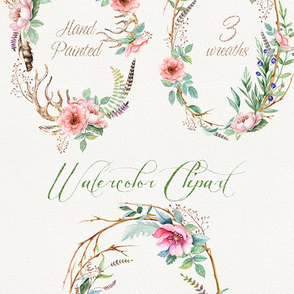 Watercolour Flower wreaths with Floral elements and Feathers. Individual PNG files. Hand Painted  Wedding Clip Art