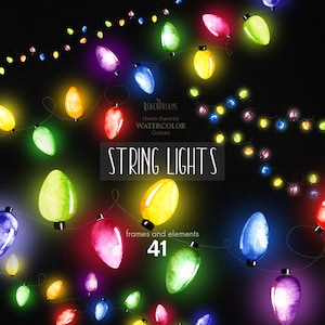Puede incluir: Ilustración en acuarela de luces de cadena multicolores, rojas, amarillas, verdes, azules y moradas, sobre un fondo negro. La imagen incluye el texto "STRING LIGHTS" y "41 frames and elements".