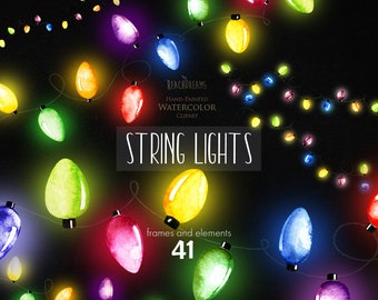 Christmas lights Clipart, Watercolor glowing garland, Colored String Lights with Glow, Dividers Borders Ornament PNG, for XMAS Card design