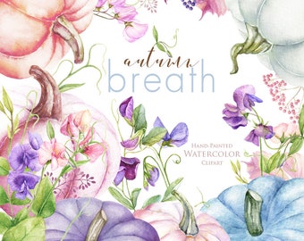Sweet Peas and Pumpkins. Elements. Watercolor Flower clipart, Pea flowers, Autumn floral, Pink, Purple, Violet, Blue, Hand painted, DIY PNG