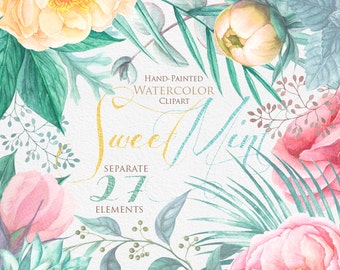 Peonies Watercolor Flowers Clipart. Hand painted Watercolour Floral, Wedding invitation, BOHO, DIY elements, invite, greeting card