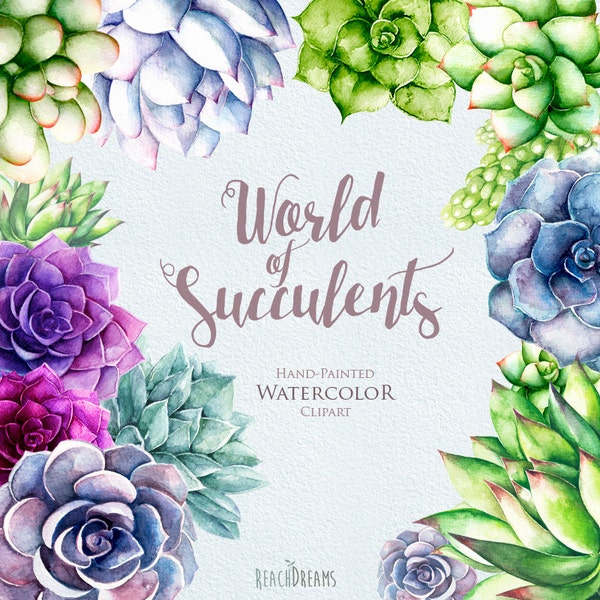 Watercolor Succulents Clipart. Hand painted, wedding diy elements. Plants printable instant download, wedding bouquet, invitations.