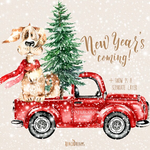 Watercolor Christmas Truck Dog Vintage Red Pickup Pine | Etsy