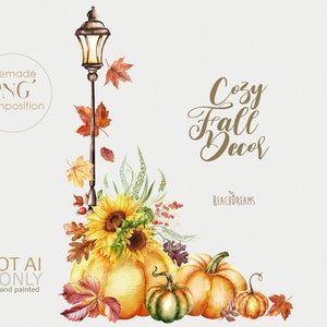 Watercolor Fall Decor, PNG Premade Composition, Autumn Leaves, Pumpkins, Street Light, Sunflowers Floral, Cozy, Sublimation,  Harvest