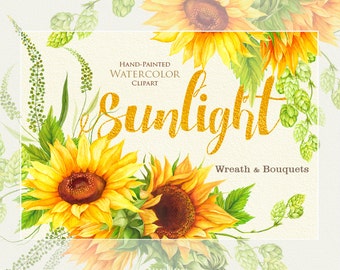 Sunflower Watercolor Wreath & Bouquets with Hop. Bohemian Boho Flowers. Hand Painted Wedding Clipart. Digital DIY invitations. Greeting card