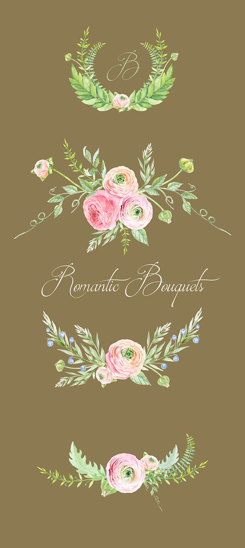 Watercolor Ranunculus Bouquets Flowers Clipart Digital Pink Watercolour Peonies Clipart Wedding Floral Bouquets Florals DIY Invitation image 3