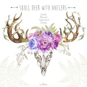 Skull Deer With Antlers. Hand Painted Horns, Fern, Peony, Sprigs, Wild, Boho clipart, Wedding flowers, Bohemian, Tribe