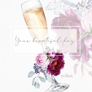 Verre à champagne aquarelle, verre à vin, clipart en verre d'alcool, pétillant, invitation à une fête nuptiale, invitation à un mariage, bouquet floral violet