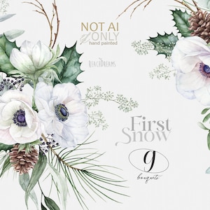 Winterblumen, Aquarell Clipart, Hochzeitssträuße, Winter Botanische Clipart, Anemonen Blumen, Winterbeere, Eukalyptus, Kiefern Clipart png